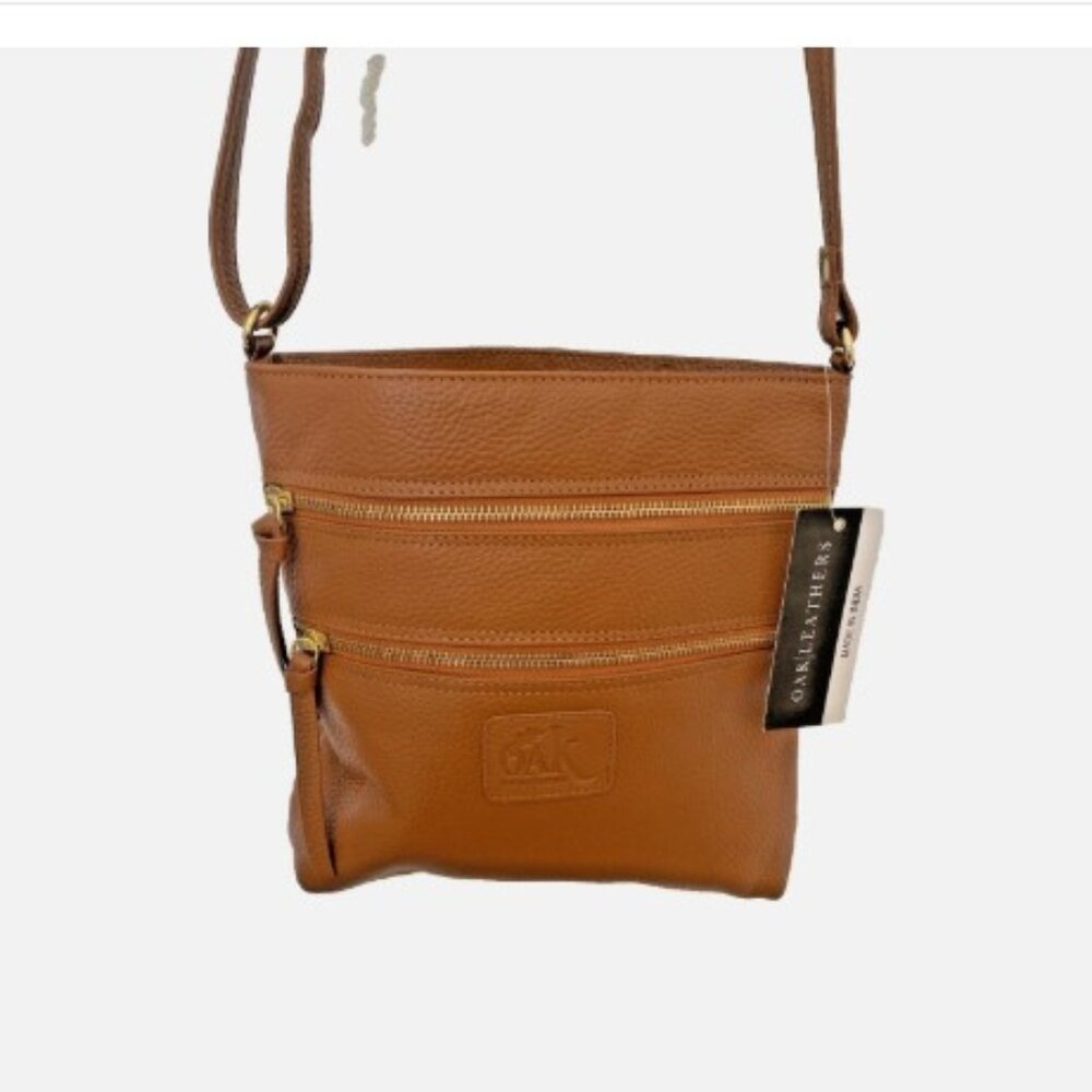 NWT OAK LEATHERS Adjustable Strap Brown Crossbody 2 Outside Pockets Handbag